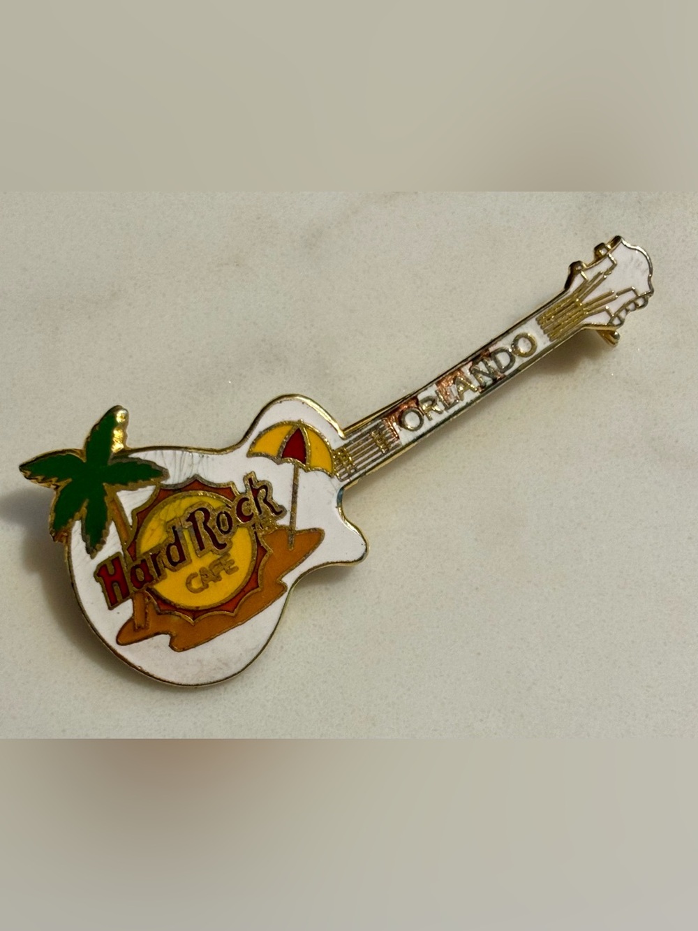 Hard Rock Cafe Orlando Palm Tree & Sunset Enamel Guitar Pin, c. 1990s